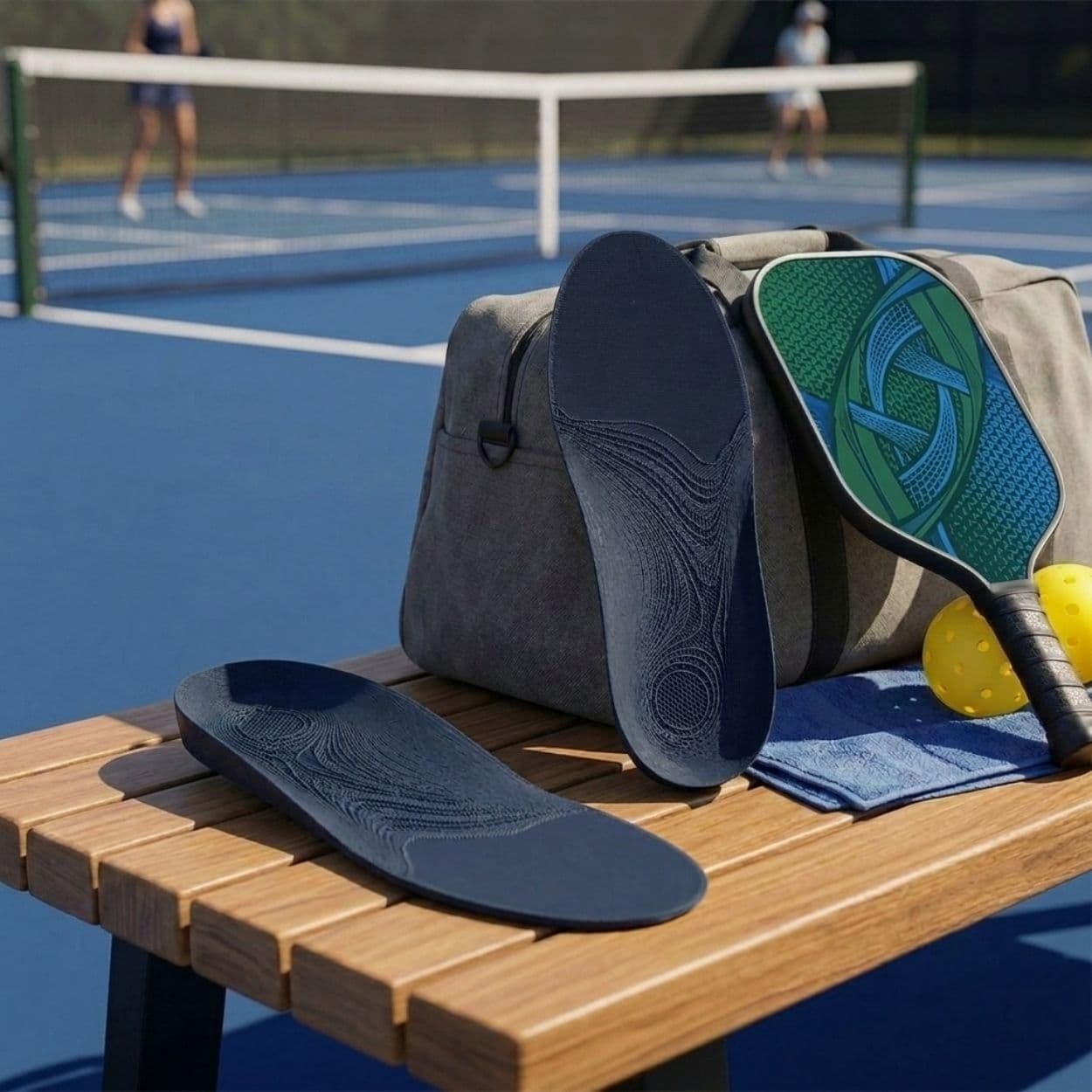 HeelBase Drive insoles courtside with pickleball equipment