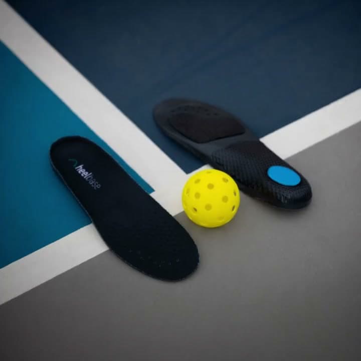 HeelBase Stance insoles displayed beside a pickleball court line