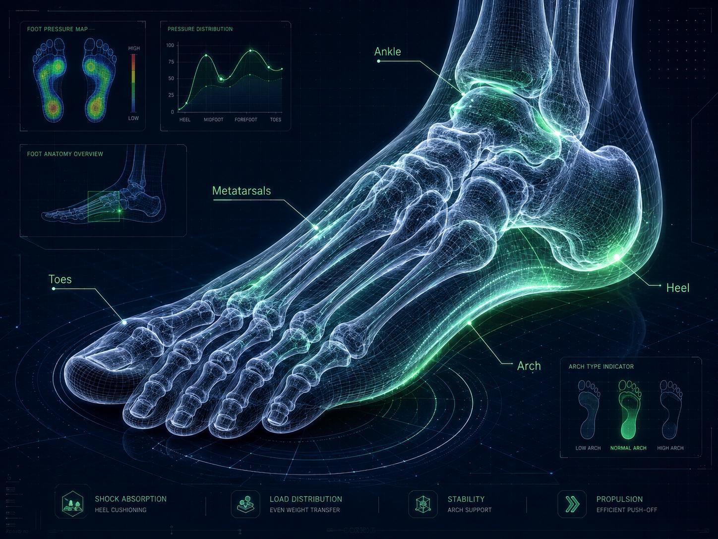Foot anatomy overview highlighting the ankle, heel, arch, metatarsals, toes, and pressure distribution
