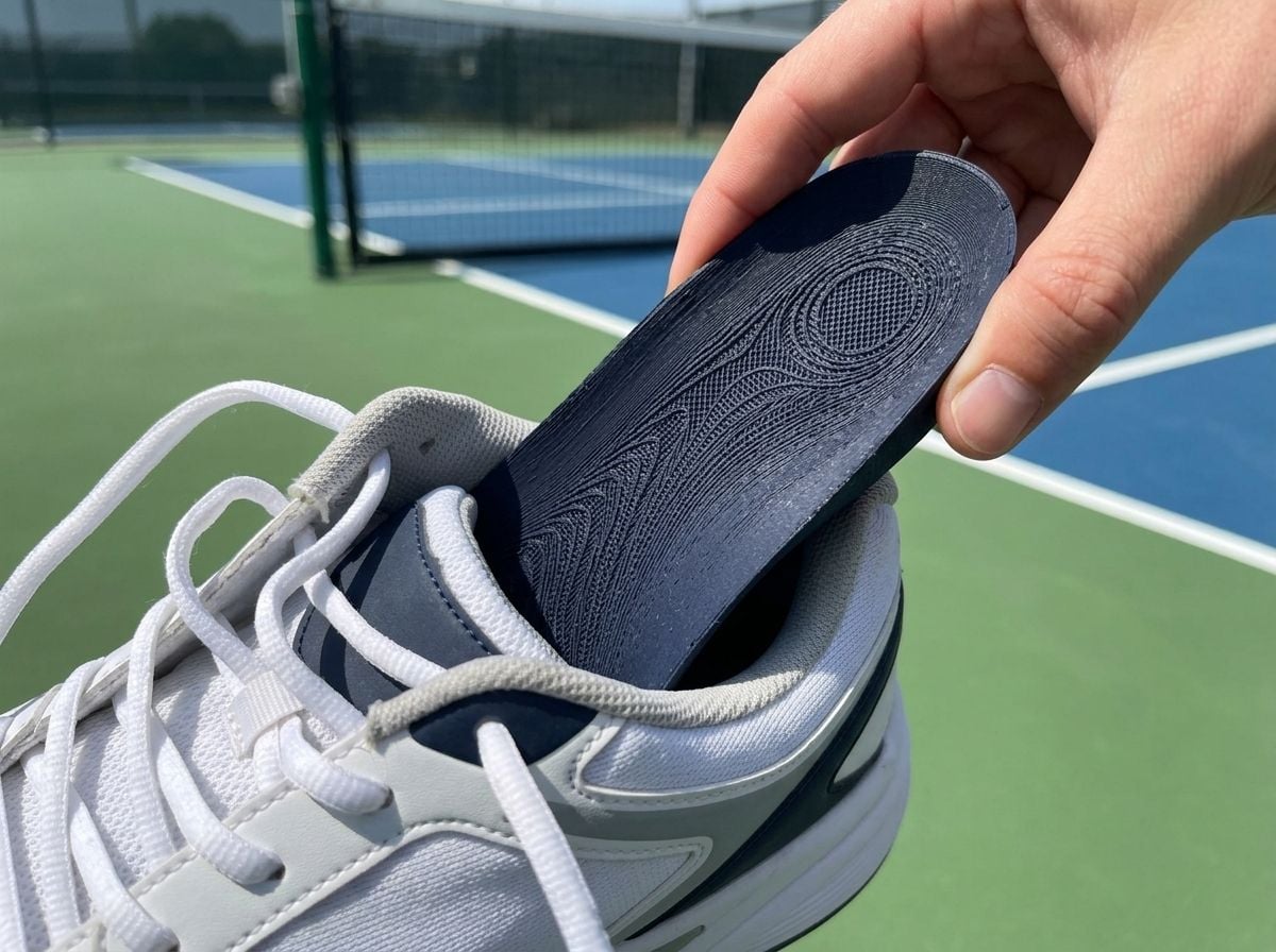 HeelBase insole being fitted heel-first inside a court shoe beside a pickleball court