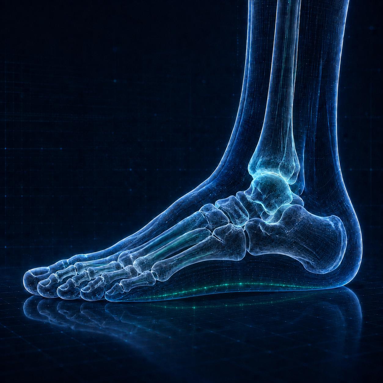 Side-view anatomical illustration of a foot with a low arch highlighted