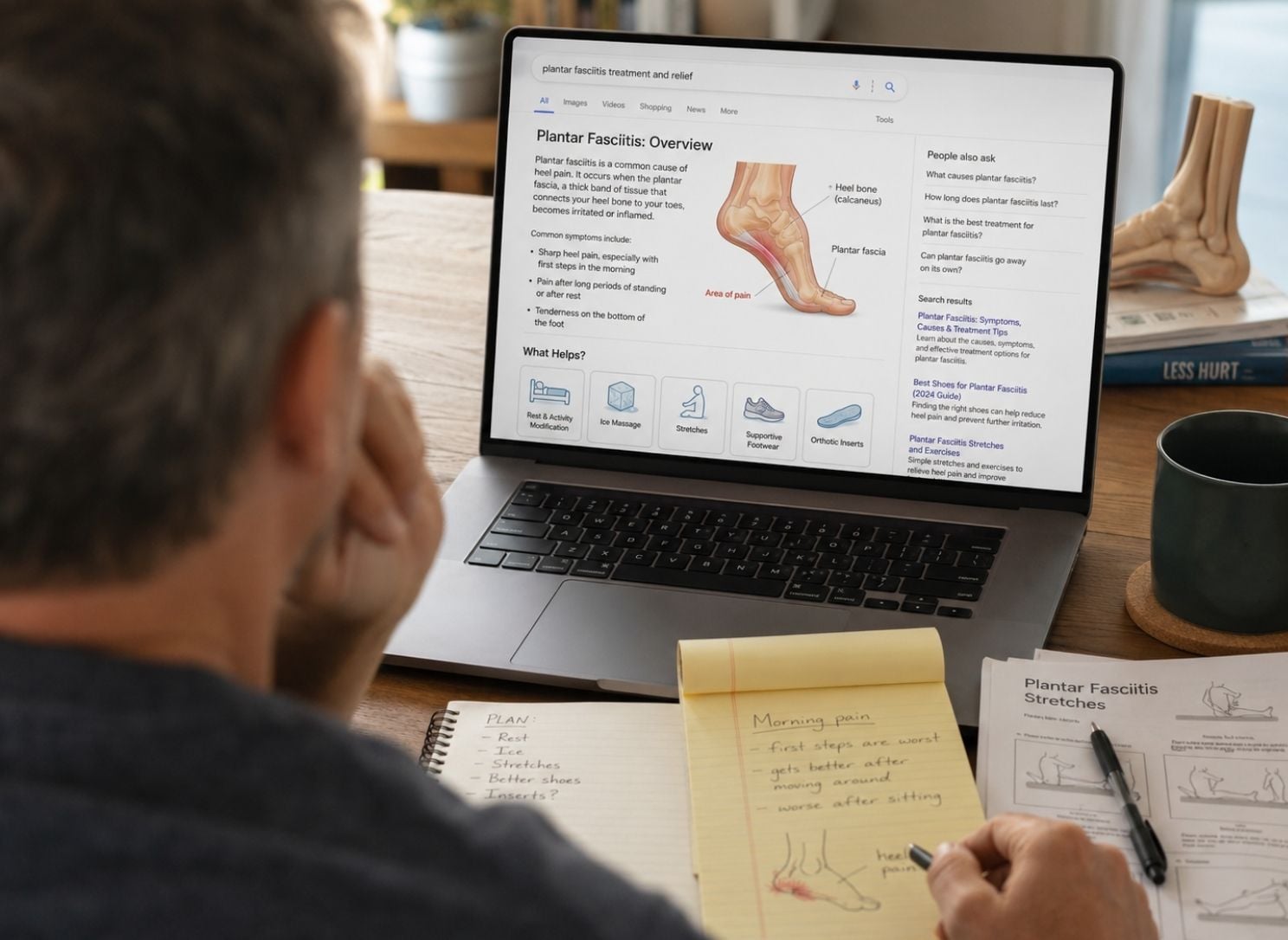 Person reviewing plantar fasciitis research, foot anatomy diagrams, and treatment notes