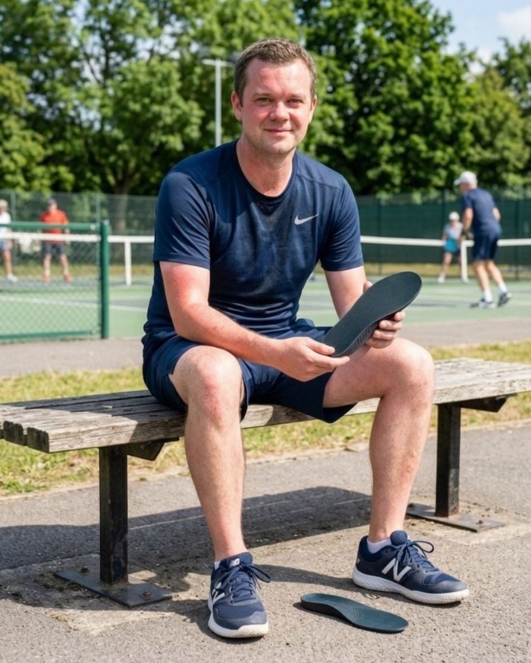 Robert seated courtside holding a HeelBase Drive insole