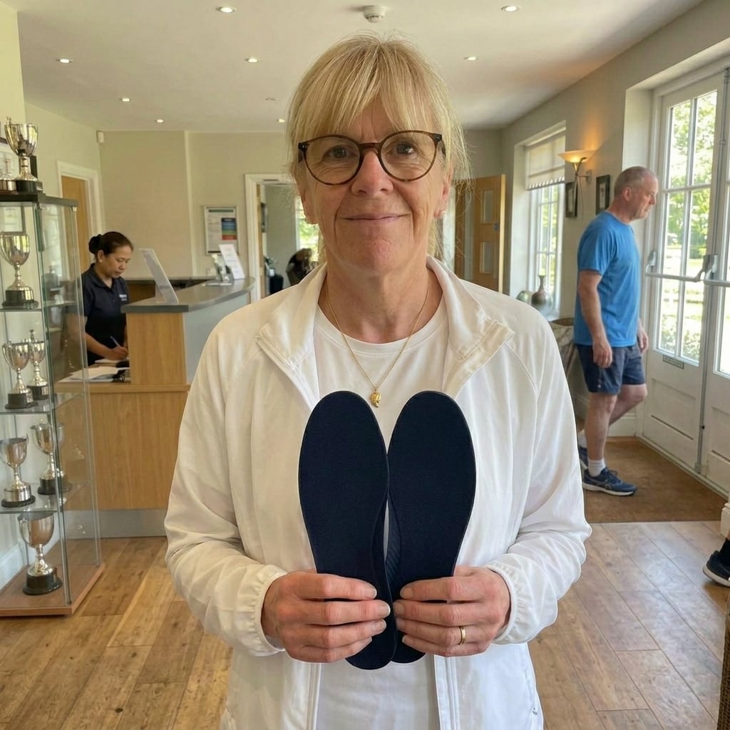 Tracy holding a pair of HeelBase Drive insoles